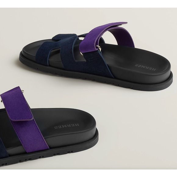 Hermes Chypre Sandal Black Violet Purple Blue H Logo Strap Slide Slip On Flat 37 - Picture 7 of 12
